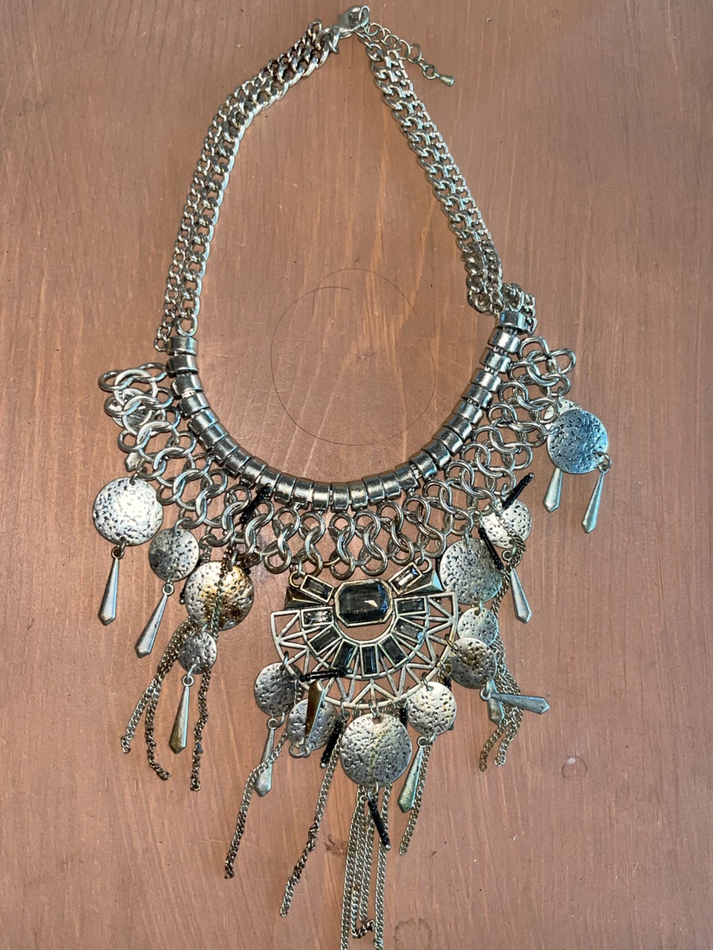 Bohemian statement necklace silver tone jewel accents chain holiday dress up guc
